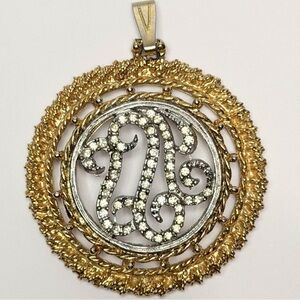 Vintage Two Tone Rhinestone Pendant Ornate Nugget Textured Reverse Monogram